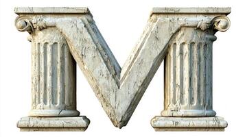 letter M is artistically presented, showcasing intricate details reminiscent of antique columns, set against a stark white background. This piece exudes elegance and history. photo