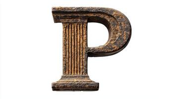 letter P, fashioned from an antique column texture, stands out with its detailed craftsmanship, resting on a pure white background that highlights its unique character. photo