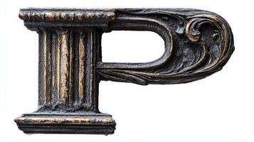 stunning letter P, intricately designed with antique column texture, stands out against a clean white background, highlighting the artistry and historical influence in its creation. photo