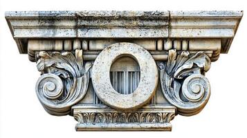 Featuring a beautifully crafted letter O, this antique column texture stands out on a pristine white background, showcasing intricate details and artistry. photo