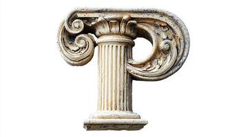 beautifully crafted letter P, designed with an antique column texture, stands out against a clean white background, evoking a sense of timeless elegance and artistry. photo