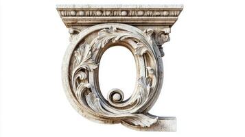 exquisite letter Q featuring an antique column texture highlights ornate carvings and a vintage appeal, set on a clean white background to enhance its artistic essence. photo