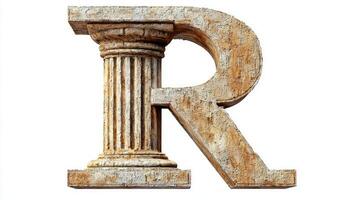 artwork features the letter R, crafted with an antique column texture, embodying a fusion of classical architecture and modern design against a clean white backdrop. photo