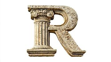 captivating representation of the letter R features a stunning antique column texture, emphasizing artistic craftsmanship against a pure white backdrop, evoking classic elegance. photo