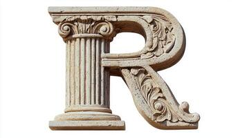letter R stands majestically, featuring intricate details reminiscent of antique architecture, beautifully highlighted on a clean white background, showcasing timeless design. photo