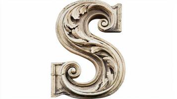 beautifully designed letter S displays elaborate detailing reminiscent of antique columns. This striking piece stands out prominently, evoking a sense of history and artistry. photo