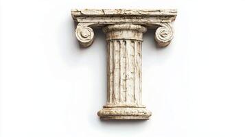 letter T is crafted from textured antique columns, exuding a timeless elegance that stands out beautifully against a pure white backdrop, highlighting its artistic appeal. photo