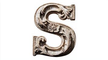 antique letter S showcases intricate carvings reminiscent of classical architecture, set against a stark white background that emphasizes its textures and details, perfect for artistic projects. photo