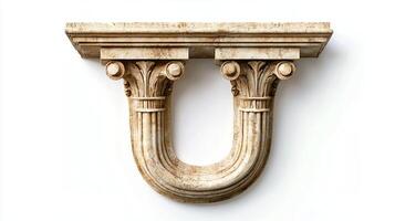 Delicate craftsmanship is on display with the letter U formed from an antique column, featuring ornate details and a textured finish, set against a clean white backdrop. photo