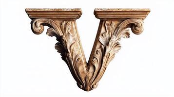 letter V stands out with its ornate antique column texture, beautifully reflecting craftsmanship and artistry against a stark white background, evoking timeless elegance. photo