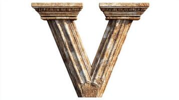 beautifully crafted letter V showcases an intricate antique column texture, standing isolated against a white backdrop, perfect for design inspiration and artistic projects. photo