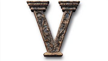 intricately designed letter V showcases an antique column texture, highlighting detailed carvings and aged finishes that evoke a timeless elegance photo