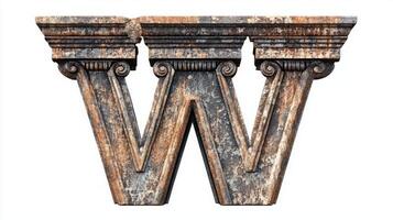 letter W is crafted with a vintage column texture, blending classical architecture and aesthetics on a pristine white backdrop, evoking timeless beauty. photo