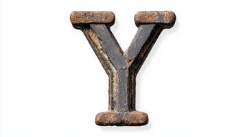 letter Y features an antique column texture, exhibiting a rugged charm. It stands isolated against a white backdrop, highlighting its artistic potential and classic design. photo