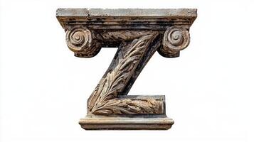 artistic representation features the letter Z, crafted with an antique column texture, highlighting elaborate designs that evoke a sense of history and elegance. photo