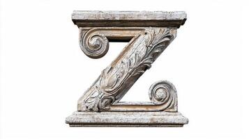 letter Z stands prominently, crafted from an antique column texture that highlights intricate designs and historical artistry, displayed on a clean white backdrop. photo