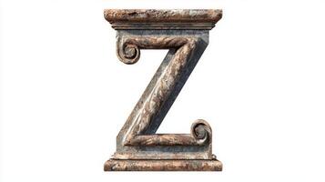beautifully crafted letter Z displays a rich antique column texture, isolated on a pristine white background, highlighting its unique artistry and historical charm. photo