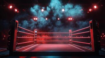boxing ring stands ready illuminated from behind as wisps smoke drift through vibrant lights setting stage for electrifying fight night filled with anticipation and intensity. photo