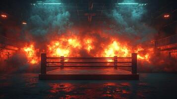 vibrant boxing ring stands boldly in the arena illuminated by dramatic backlighting. Thick smoke swirls around amplifying the atmosphere of an electrifying fight night filled with anticipation. photo