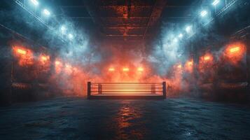 In heart of an arena boxing ring stands out backlit glowing lights surrounded by swirling smoke embodying anticipation and excitement of monumental boxing match. photo
