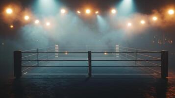 Backlit spotlights illuminate a boxing ring surrounded by a smoky haze capturing the electrifying vibe of an epic fight night filled with anticipation. photo