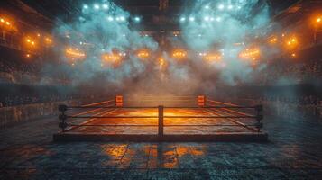 boxing ring dominates the arena surrounded by a cloud thick smoke and illuminated by vibrant backlighting setting the stage for thrilling fight night atmosphere. photo