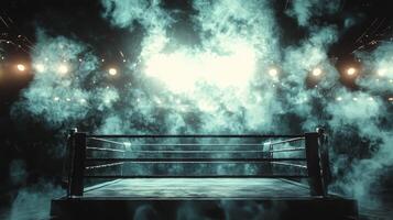 boxing ring stands boldly as lights shine through clouds of swirling smoke evoking the electricity and anticipation of an epic showdown under the spotlight. photo