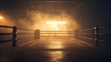 boxing arena stands silent its ring glowing under atmospheric lights surrounded by swirling smoke that enhances the anticipation of upcoming matches. photo