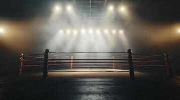empty boxing arena creates an electrifying ambiance as the ring is dramatically illuminated. Faint smoke adds depth enhancing the anticipation for the fight night ahead. photo