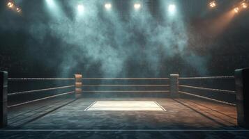 atmospheric boxing arena stands silent its ring highlighted by backlit beams and enveloped in a haze of smoky depth invoking anticipation for an electrifying match. photo