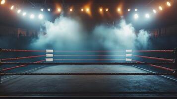 boxing ring stands ready for action surrounded by dramatic backlit spotlights that pierce through a swirling haze of smoke evoking an electric fight night vibe. photo