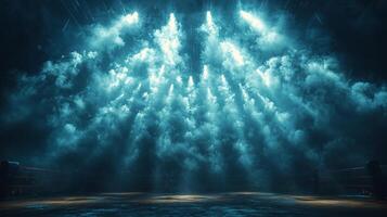 Two fighters face off in an electrifying boxing ring under dramatic lighting. Beams of light pierce through swirling smoke creating an intense photorealistic atmosphere. photo