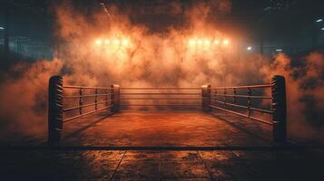setting features a vacant boxing ring bathed in dramatic lighting with smoke swirling around the ropes creating an intense atmosphere filled with anticipation and emotion. photo