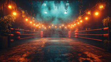 empty boxing ring awaits its contenders surrounded by rising smoke and illuminated by dramatic backlighting. The atmosphere is thick with tension and anticipation. photo