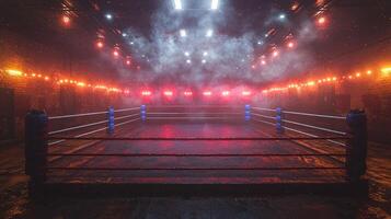 dynamic setting showcases an illuminated boxing ring under powerful spotlights enveloped in an atmospheric haze embodying the intensity of fight night. photo