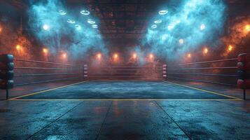 Bright spotlights illuminate the boxing ring as smoke swirls in the air creating an intense and energetic atmosphere for an unforgettable night of combat. photo