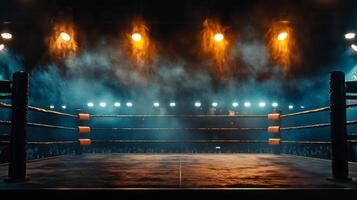 Amidst a haze of smoke and soft lighting a striking boxing ring stands ready for action. The atmosphere vibrates with excitement as the crowd awaits the fierce clashes to come. photo