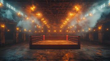 Under bright spotlights low angle view of illuminated boxing ring captures the intense energy with swirling smoke adding to captivating ambiance perfect for epic showdown. photo