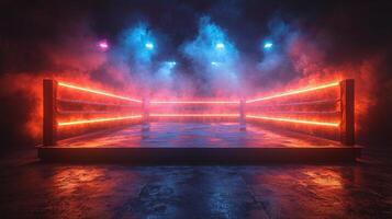 boxing ring stands ready cloaked in thick smoke and lit by powerful backlights building an intense atmosphere that promises an unforgettable fight night. photo