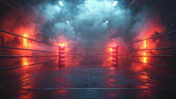 boxing ring stands fiercely under vibrant lights cloaked in thick smoke creating gripping atmosphere of suspense just moments before fight begins igniting excitement in air. photo
