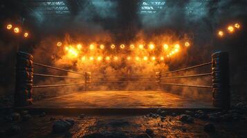 atmosphere thickens with tension as the boxing ring is expertly illuminated surrounded by swirling smoke and vibrant backlights setting the stage for an epic showdown. photo