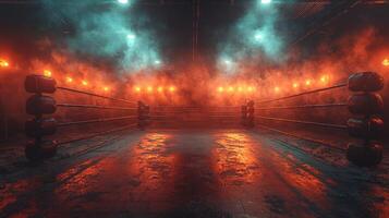 atmosphere is electric as powerful backlights shine over the boxing ring shrouded in thick smoke that hints at an imminent showdown on fight night. photo