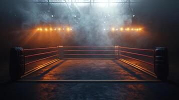 classic boxing ring sits under powerful lights enveloped in layer of smoke setting the stage for epic championship fight full of tension and anticipation. photo