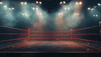 classic boxing ring sits under powerful lights enveloped in layer of smoke setting the stage for an epic championship fight full of tension and anticipation. photo