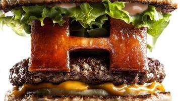 image showcases a hamburger displaying the letter H crafted from meal components highlighting its unique design against a plain white backdrop. photo
