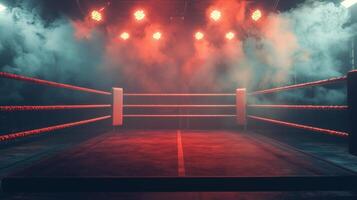 boxing ring stands ready for battle drenched in dramatic light and surrounded by a smoky ambiance evoking the thrill of epic championship matches. photo