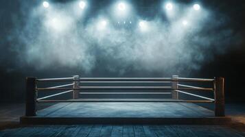 Under the dramatic glow of spotlights a boxing ring awaits competitors. Smoke swirls around enhancing the electrifying atmosphere of an impending championship fight. photo