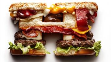 realistic depiction of the letter H formed with various hamburger ingredients including meats cheeses and vegetables against a clean white backdrop. photo