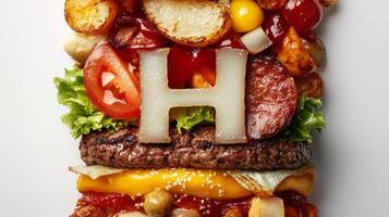 letter H is formed using an assortment of hamburger ingredients including lettuce tomatoes cheese and a beef patty all isolated on a white background. photo