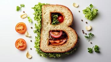 delicious interpretation of the letter B is crafted using fresh ingredients from a hamburger including lettuce tomato and bread. This artistic food arrangement brings creativity to mealtime. photo